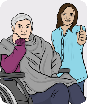 Elderly woman on a wheel chair and a smiling carer thumbs up